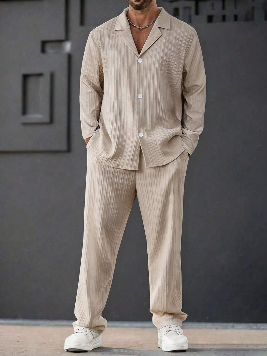 Manfinity Homme Camisa y pantalones largos de unicolor versátiles y casuales para hombre - Caqui - Ver 1