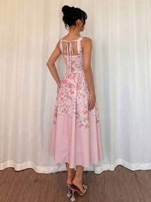 Modelyn 女士杏色梭织图案数码印花系带A字中长连衣裙，优雅浪漫，春夏款 - 粉色 - 查看 2