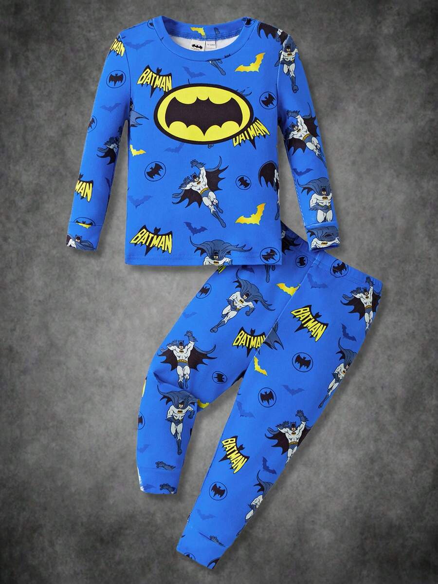 BATMAN X SHEIN 男婴时尚卡通蝙蝠图案针织圆领长袖上衣和裤子睡衣套装 - 藍色 - 查看 1