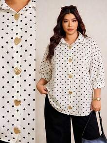 Elaquor Plus Size French Fashion Metal Heart Buckle Polka Dot Print Blouse - White - View 4