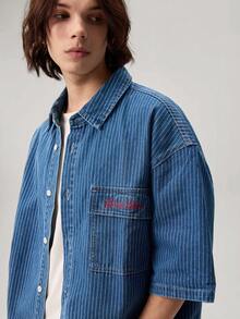 Vaulklash Men's Casual Street Style Striped Embroidered Blue Denim Short Sleeve Shirt - Medium Wash - View 9