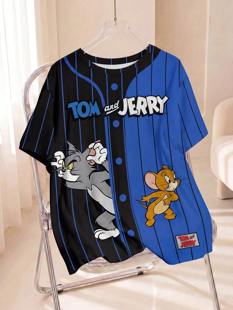 TOM & JERRY X SHEIN 男士卡通印花宽松休闲短袖T恤 - 白色 - 查看 1