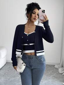 SHEIN Elenzya Women's Autumn/Winter Striped Knit Cardigan And Camisole Knit Vest 2 Pieces Set - Navy Blue - View 5