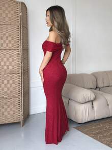 Jemour Off Shoulder Burgundy Textured Extra Long Mermaid Hem Dress, Red Summer Lace Casual Elegant - Red - View 6