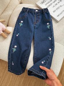 SHEIN Playful Pals Girl's Autumn And Winter Blue Washed Wide Leg Pants, Exquisite Flower Embroidery, Cotton Fabric, Suitable For Back To School Season, Daily Wear - Blue - View 1
