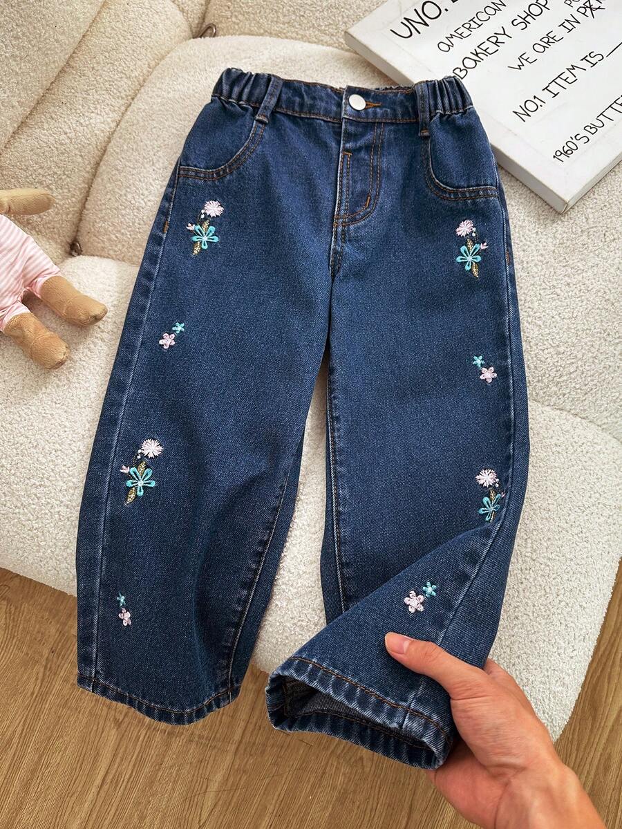 SHEIN Playful Pals Girl's Autumn And Winter Blue Washed Wide Leg Pants, Exquisite Flower Embroidery, Cotton Fabric, Suitable For Back To School Season, Daily Wear - Blue - View 1