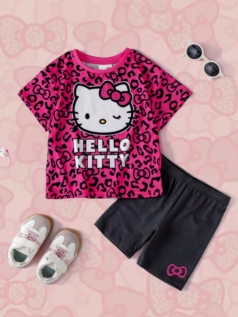 HELLO KITTY AND FRIENDS | SHEIN Kleine Mädchen Buchstaben Cartoon Muster Kurzarm T-Shirt und Shorts Lässig Alltag Set - Verschiedenfarbig - Übersicht 1