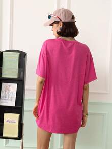 Chillnights Women's Vacation Letter & Floral Print Round Neck Casual Nightgown - Hot Pink - View 2