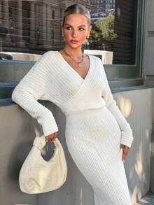 Chiquease Surplice Neck Batwing Sleeve Sweater Dress - White - View 5