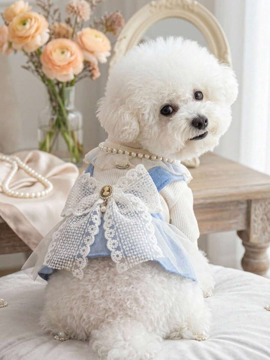 PETSIN 1pc Cat And Dog Universal Clothing, Pearl Lace Collar Princess Style Cat And Dog Dress, Suitable For Pet Birthday Parties, Owner Wedding Matching Outfits, Light Luxury Socialite Style Pet Photos - Blue - View 1