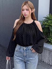 Bijouette 大尺碼女款時尚休閒優雅掛脖雪紡上衣，波點設計，白黑配色，泡泡袖，寬鬆版型，適合早午餐與辦公室穿著 - 黑色 - 查看 1