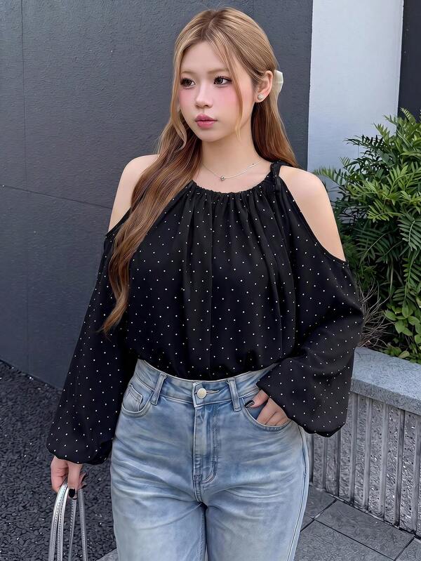 Bijouette Blus Chiffon Halterneck Kasual Elegan Romantis untuk Wanita Ukuran Plus, Desain Leher Halter Polkadot, Polkadot Putih, Tali Halter + Lengan Puff Halterneck + Potongan Longgar yang Menawan, Atasan Putih Wanita & Atasan Hitam Wanita & Atasan Motif Polkadot Wanita