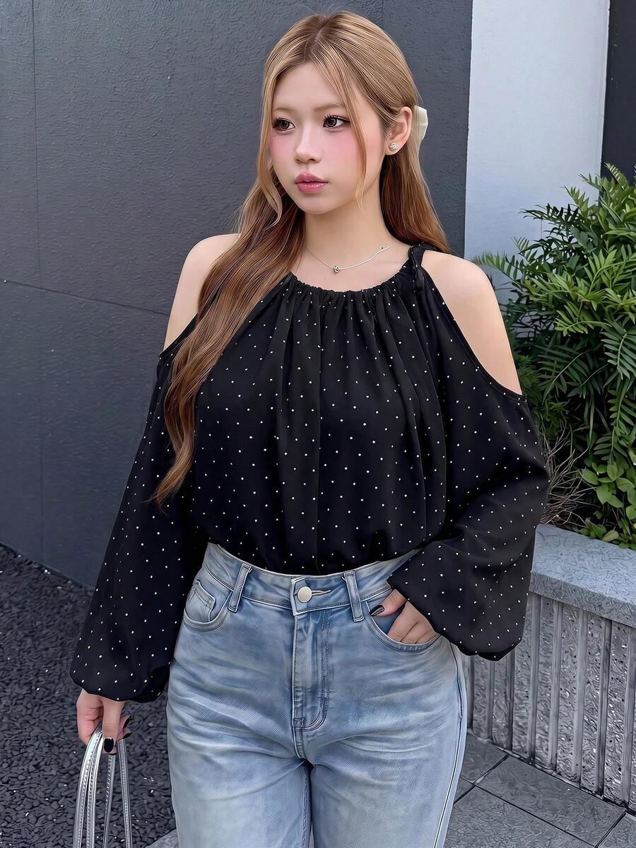 Bijouette 大尺碼女款時尚休閒優雅掛脖雪紡上衣,波點設計,白黑配色,泡泡袖,寬鬆版型,適合早午餐與辦公室穿著 - 黑色 - 查看 1