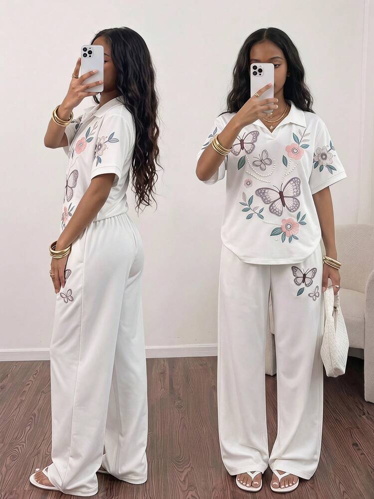Teen Girls Polo Collar Butterfly Gray Print T-Shirt & Long Pants Set,Back-To-School,Cute,Vacation - White - View 1