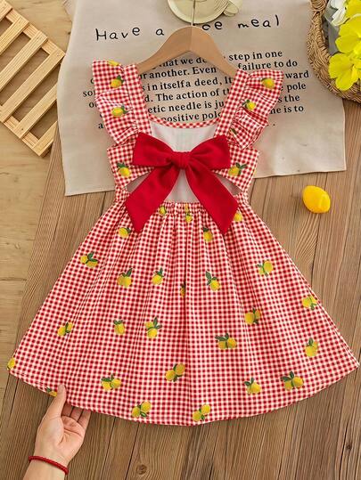 SHEIN LMoss Kids Young Girl Young Girl Young Girl Young Girl Young Girl Yellow Plaid T With Lemon Print For Vacation Style Cute Vacation Dress