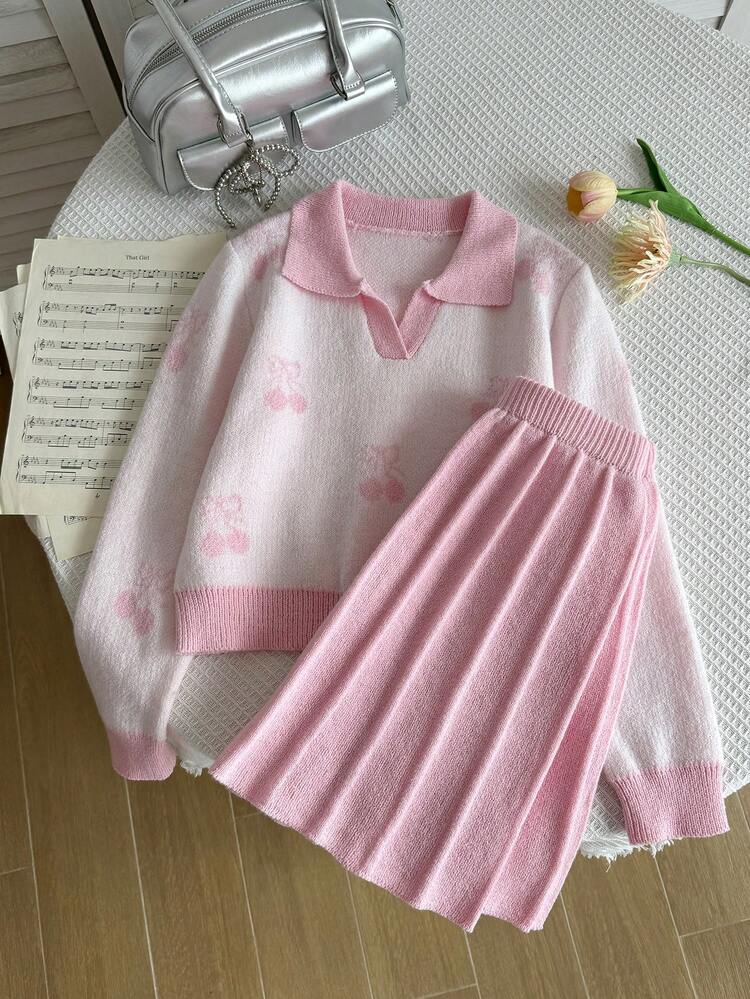 SHEIN Girls' Knit Set, Pink Elegant Cherry Pattern Jacquard Sweater + Knit Mini Skirt 2-Piece Set, Teen Girls Long Sleeve V-Neck Pullover, Casual Elegant Style For Autumn/Winter - Pink - View 6