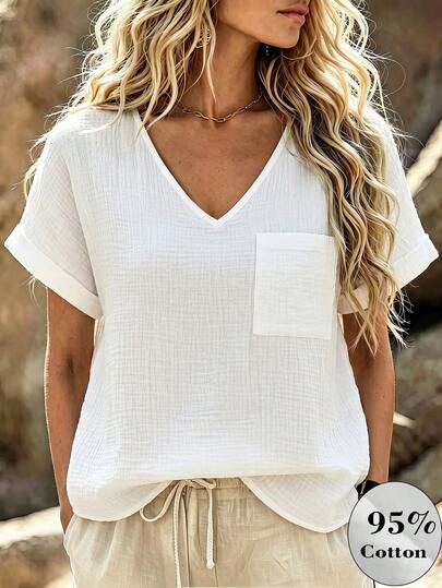 Linhara CURVE Plus Size Summer Casual Solid Color Short Sleeve Shirt Beach Bussines Carribean Vacation Vacation White