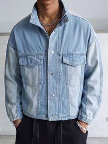 Manfinity Roghcode Men's Long Sleeve Single-Breasted Casual Workwear Pocket Denim Jacket - Blue - View 6