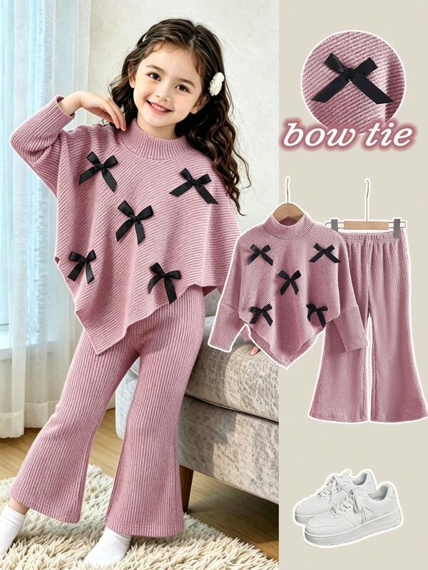 Souflis Souflis Young Girls Autumn/Winter Casual T-Shirt Set, White 3D Bow Front Asymmetrical High Neck Knitted Ribbed Pink Long Sleeve Top Flared Pants 2-Piece Set