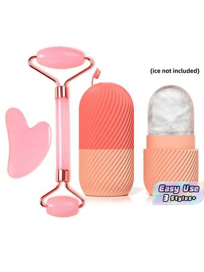 Set Perawatan Kulit Wajah Roller Kompres Es 3 Bagian Ini Terdiri dari Roller Wajah Gua Sha Stainless Steel, dan Cetakan Es Batu Roller Wajah Kompres Es Silikon yang Dapat Digunakan Kembali.