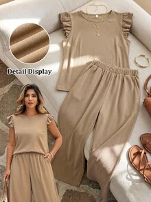 SHEIN Clasi 2 件套女士加大码卡其色泡泡褶皱喇叭袖衬衫和阔腿松紧腰裤套装，优雅的春夏套装 2 件套女士套装女士套装女士两件套女士两件套女士套装女士休闲、商务休闲女士 - 卡其色 - 查看 7