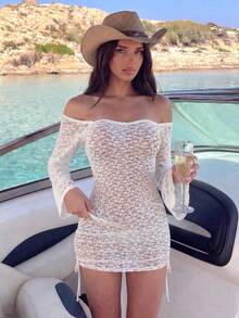 Swim Vcay Women's Lace Cover-Up Moonlight White Heart Lace Texture Exposed Shoulder Slim Fit Bodycon Side Detail Sexy Y2K Style Summer Vacation Nightclub Pool Niche Eye-Catching Look Crisp Youthful Travel Photography Outfit Personalized Check-In Style Beach Outerwear Sheer Bright - White - View 1