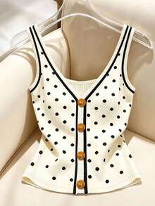 Franclia Plus Size Polka Dot Print Button Decor Vest Brunch Birthday Summer 90s 70's - Multicolor - View 1
