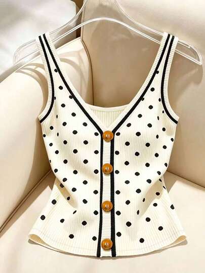 Franclia Plus Size Polka Dot Print Button Decor Vest