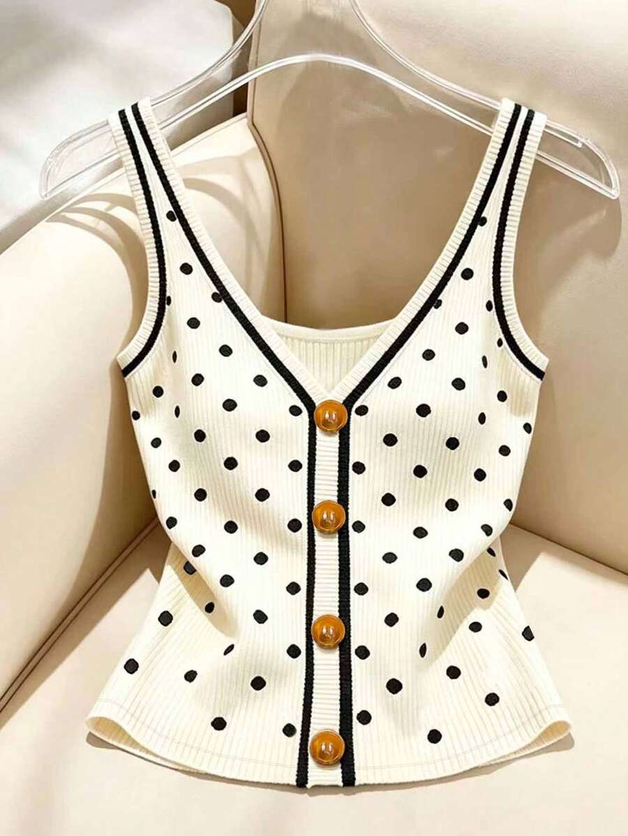 Franclia Plus Size Polka Dot Print Button Decor Vest Brunch Birthday Summer 90s 70's - Multicolor - View 1