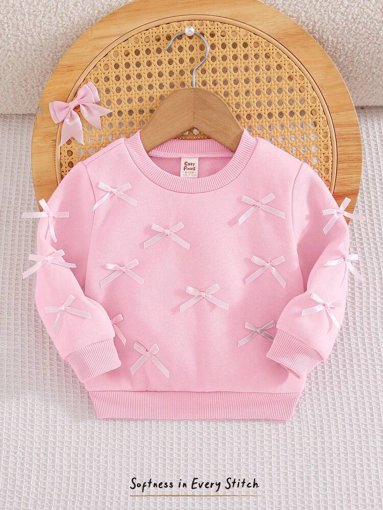 Cozy Pixies Baby Girl Baby Girl Casual Cute Sweet Round Neck Pink Loose Sweatshirt With Bow - Baby Pink - View! 5