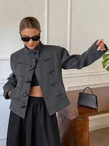 DAZY Solid Color Fitted Waist Horn Button High Neck Wide Long Sleeve Elegant Formal Holiday Autumn/Winter Overcoat Women's - Grey - View 6