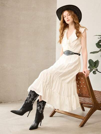 MOTF BLACK AND WHITE CONTRASTING POINTED STILETTO VINTAGE EMBROIDERED WESTERN COWBOY BOOTS