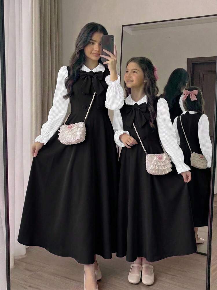 Tween Girl Back To School Outfit Fitted Black And White Patchwork Long Sleeve Dress With 3D Bow Decor, Turn-Down Collar, Open Front, Vintage Preppy Style, Exquisite Black And White Plaid, Large Bow Accent, Casual School Shirt Dress For Tween Girl - Black and White - View 7