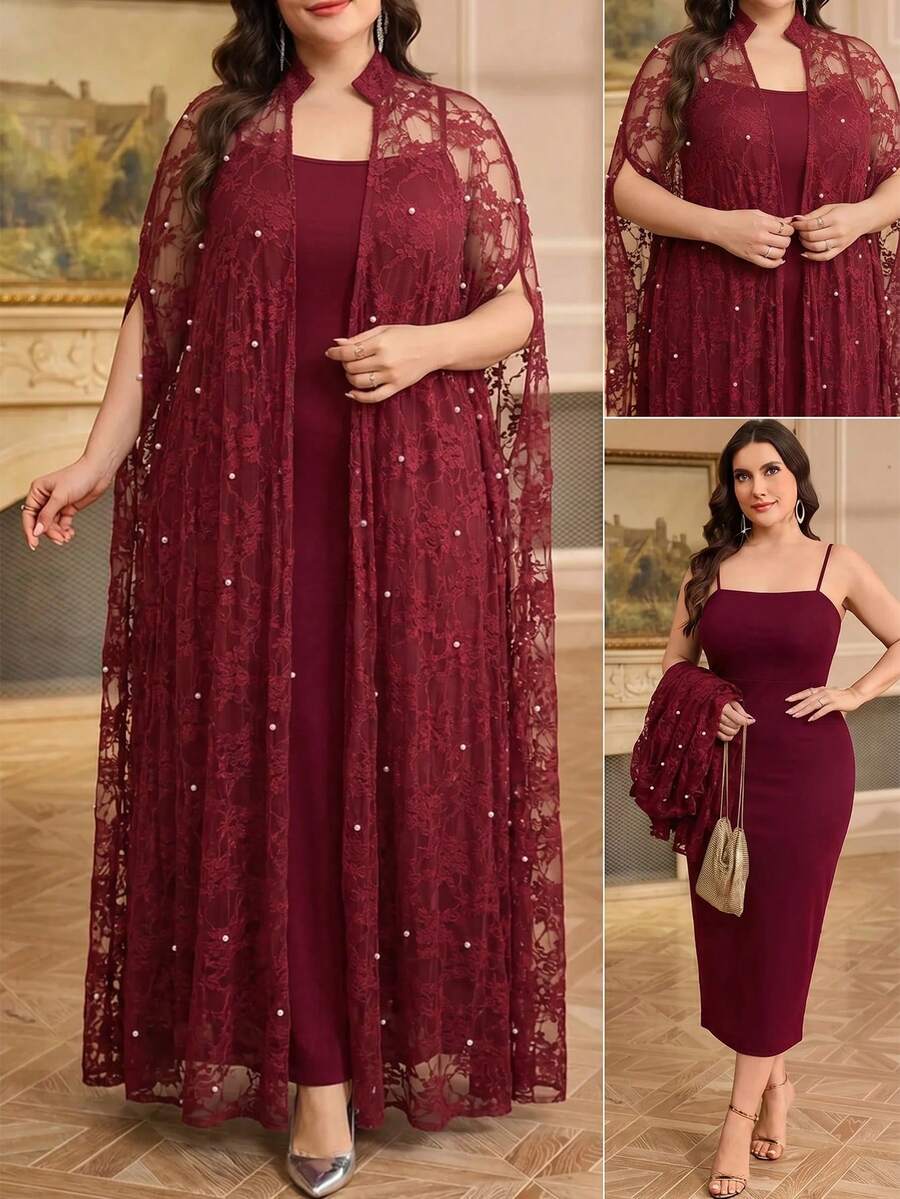 Reflora Conjunto de 2 piezas de vestido bata largo de encaje transparente con decoración de cuentas para tallas grandes