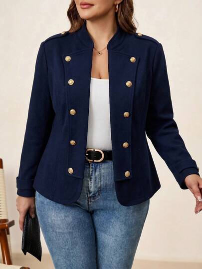 SHEIN Clasi Plus Size Women's Metal Button Design Long Sleeve Open Front Blazer