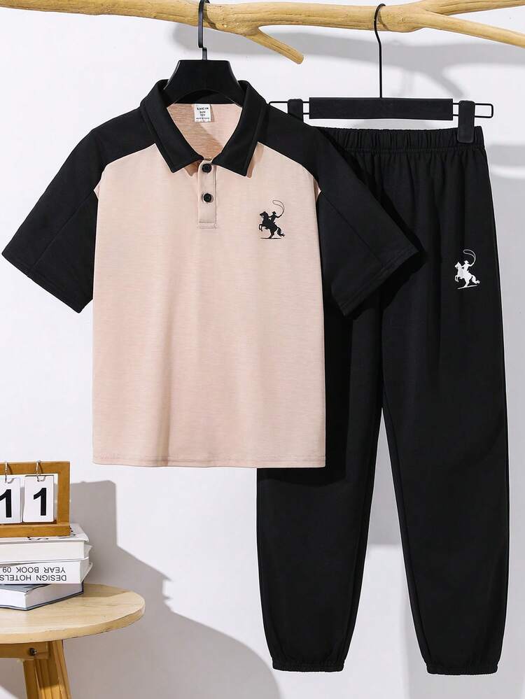 2件組兒童青少年男孩休閒日常舒適 Polo 領短袖 T 恤，寬鬆版型，附口袋直筒長褲，適合通勤、上學、日常休閒外出、運動，春夏季秋冬四季皆宜 - 卡其色 - 查看 2