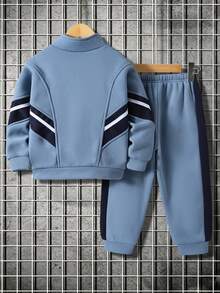 Bộ áo khoác sweatshirt cổ đứng vạt mở và quần dài trẻ em cho bé trai, phong cách thể thao thường ngày thoải mái, màu xanh phối mảng màu, dáng rộng, 2 món, phù hợp đi chơi, đi học, tụ tập hàng ngày, mùa thu/đông - Màu xanh lam - Xem 5