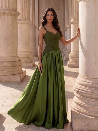 Coutiva Vestido de noche elegante para mujer con tirantes finos de encaje en contraste, corte maxi y ajuste ceñido