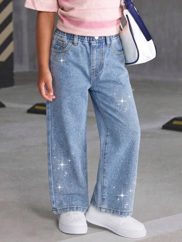 Toddler Girls Denim Long Pants Summer, Soft, Cotton, Casual, Fashion, Versatile, Comfortable, Minimalist, Elastic Waist, Classic Five-Pocket Style With Gradient Shiny Rhinestone Design On Sides, Loose Straight Leg Fit, Medium Blue Washed Denim Long Pants Suitable For Daily Outings, Vacations, Back To School Season