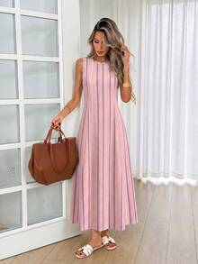 SHEIN LUNE Women's Casual Sleeveless Round Neck Dress, Suitable For Summer Daily Wear, Sleeveless Waist-Cinching Elegant Long Dress, Suitable For Summer Casual Outings. Pink Striped Print Pattern, Women's Commute Outfit, Music Festival, Beach Outfit, Vacation Outfit - Multicolor - View 6