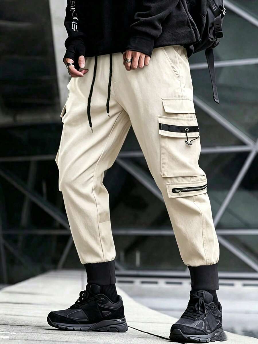 Manfinity Roghcode Men's Drawstring Waist Casual Versatile Daily Wear Cargo Pants - Beige - View 1
