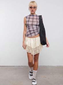 COUREZ Asymmetric Mesh Sheer Check Top Y2K 2000s Streetwear Going Out Day Time Everyday Rave Outfits Summer Grey Plaid Fall Women Back-To-School - Multicolor - View 1
