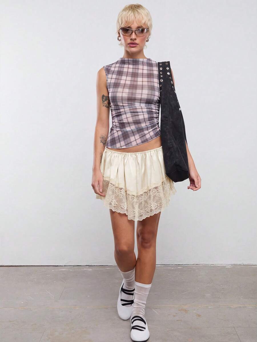 COUREZ Asymmetric Mesh Sheer Check Top Y2K 2000s Streetwear Going Out Day Time Everyday Rave Outfits Summer Grey Plaid Fall Women Back-To-School - Multicolor - View 1