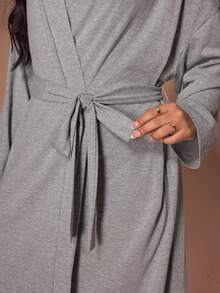 Lazeform Long Ins-Style Short Sleeve Long Pants Tie-Up Robe Loungewear Pajamas Casual Home Bathrobe Plus Size - Grey - View 7