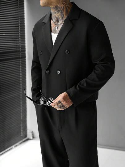 SLATEMANN Men's Jacket Set, Comfortable Solid Color Fabric, Large Lapel Double-Breasted Lined Long Sleeve Blazer And Zipper + Elastic Waistband Long Pants, Men's Casual Vacation, Friends Date, Cocktail Party, Salon, Gathering, Daily Office, Minimalist Business, Especially Suitable For Spring And Autumn Seasons, Suitable For Wearing Yourself Or Giving To Friends