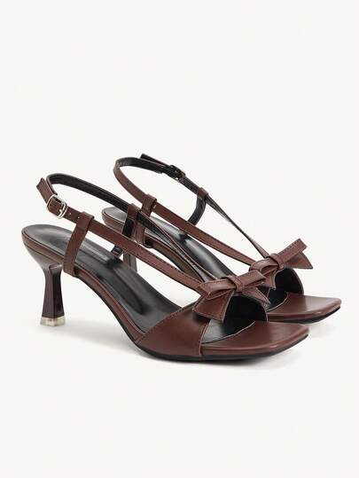 CUCCOO CHICEST French Retro Brown Bow Square Toe Sandals, Buckle Back Strap High Heel Open Toe Summer Women's Shoes