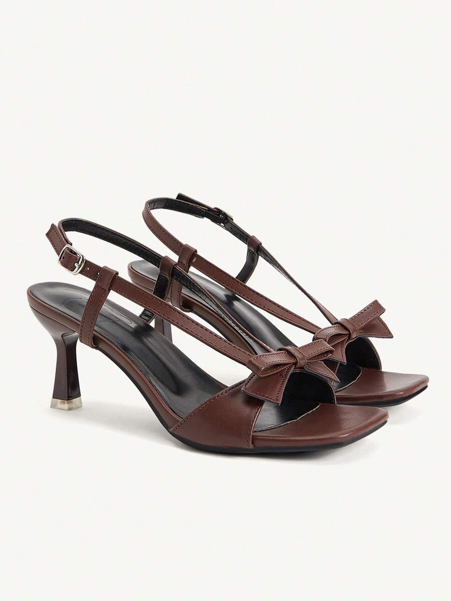 CUCCOO CHICEST Sandal Retro Prancis Cokelat dengan Pita dan Ujung Persegi, Tali Belakang dengan Gesper, Hak Tinggi, Ujung Terbuka, Sepatu Wanita Musim Panas - Coklat - View 1
