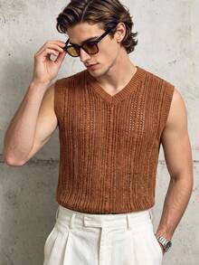 TONEVAULT Shades Of Brown 復古 80 年代街頭風鏤空 V 領針織背心，夏季海灘度假約會之夜感恩節穿搭，街頭休閒日常上衣 - 咖啡棕 - 查看 1