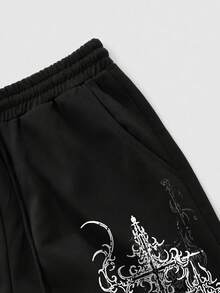 ROMWE MEN Street Life Pantalones de chándal casuales para hombre talla grande con estampado de cruz y cintura con cordón - Negro - Ver 6