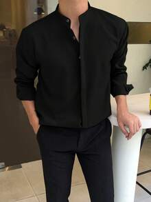 DAZY Men's Solid Color Long Sleeve Button-Up Shirt, Fall Business Attire - Black - View 5